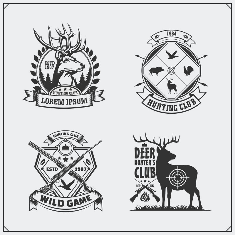 一套老式狩猎标签徽章和设计元素
