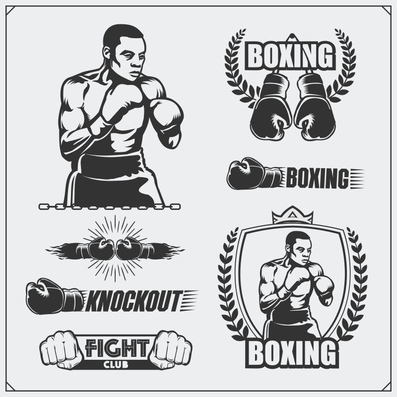 拳击俱乐部标签徽章徽章图标和设计元素的集合古典风格单色插图