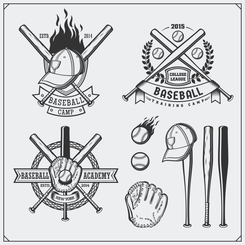 棒球俱乐部徽章标签和设计元素棒球运动员球头盔和蝙蝠棒球运动员球头盔手套和球棒