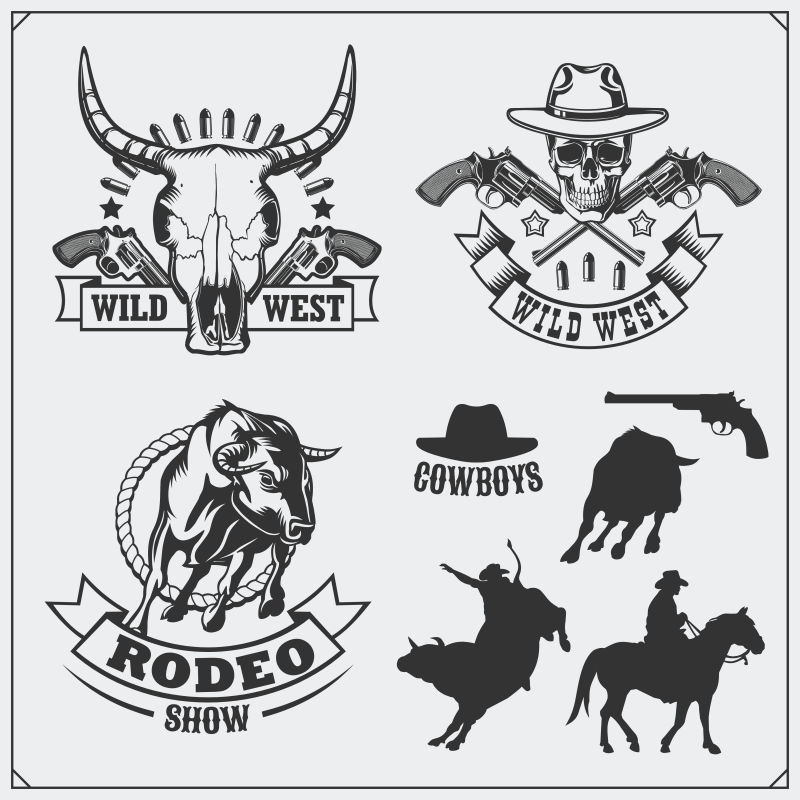 蛮荒的西部一套牛仔竞技警长和牛仔老式徽章标签徽章和设计元素