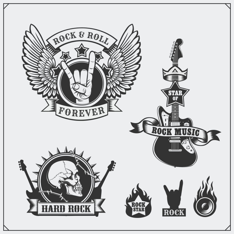 摇滚乐的音乐符号标签标志和设计元素