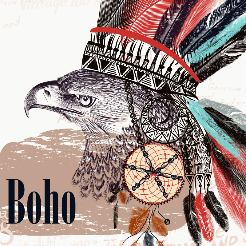 抽象矢量羽毛元素装饰的印第安部落风格插图设计