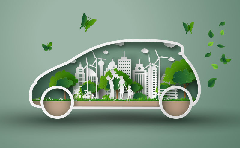 创意矢量现代生态汽车主题的平面插图设计