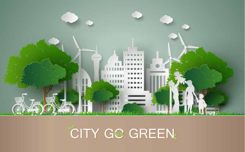 创意矢量现代剪纸风的生态城市插图