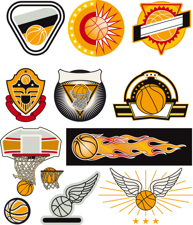 矢量集篮球标志印刷-网页-设计-广告-运动队在白色背景上