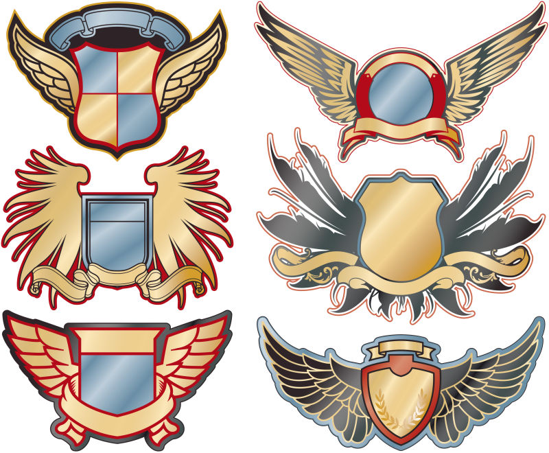 一套带翅膀的空徽章-标志标签徽章标志的设计元素-矢量图解