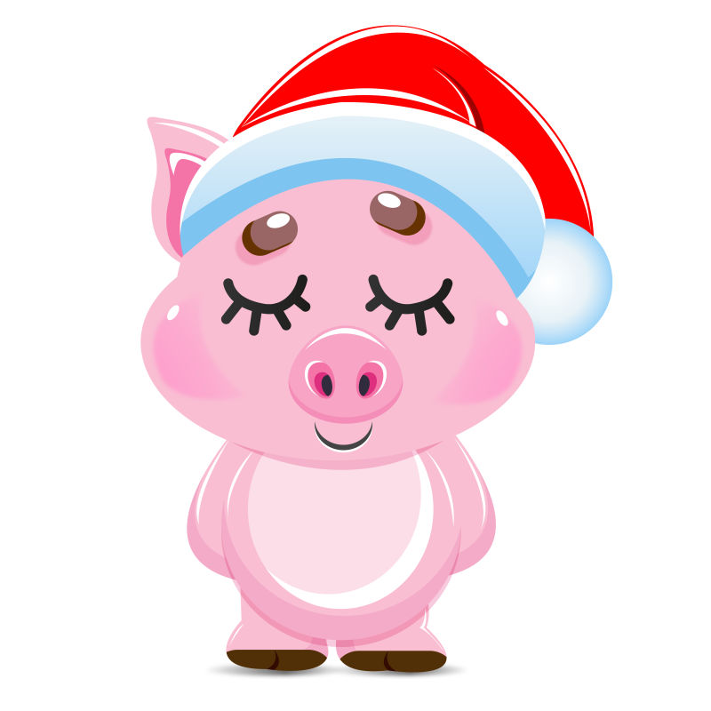 矢量戴着圣诞帽闭着眼的卡通猪