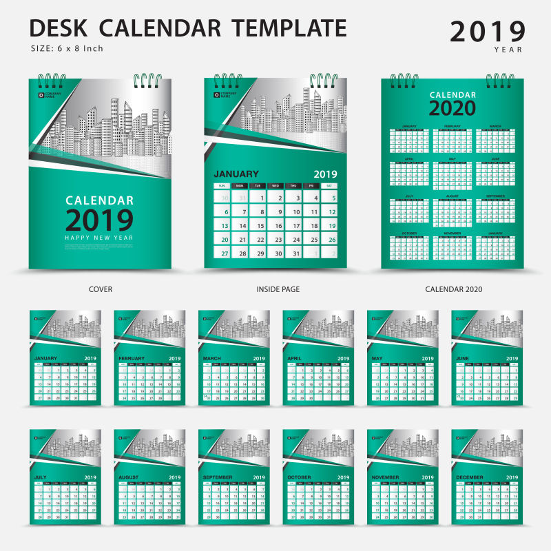 矢量绿色的2019年日历设计