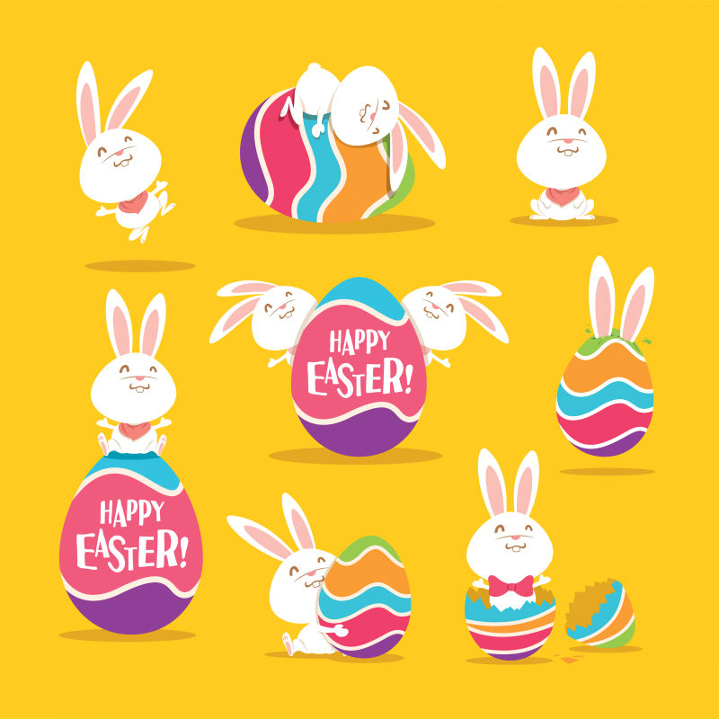 创意矢量卡通抱着复活节彩蛋的兔子插图