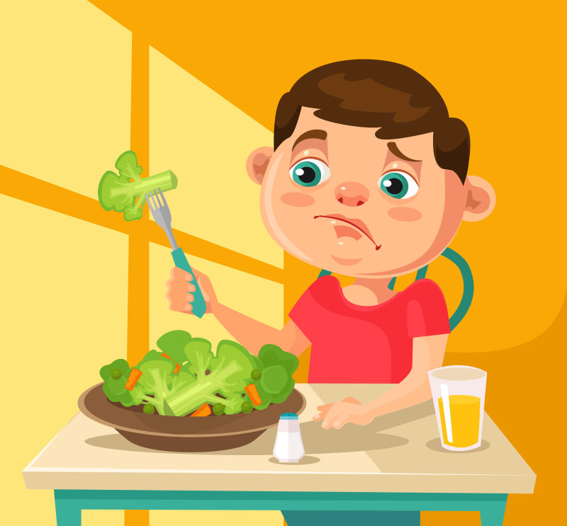 孩子不想吃花椰菜-矢量平面卡通插图
