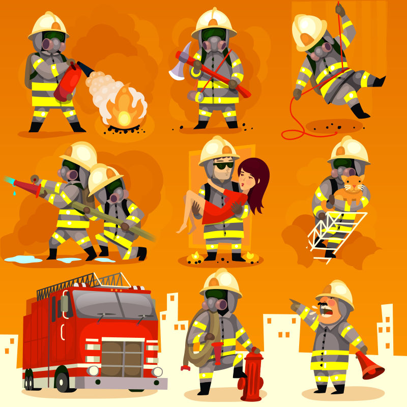 创意矢量工作中的消防员插图设计