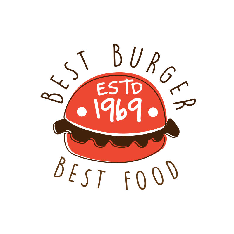 最佳汉堡最佳食品ESTD 1969标志模板手绘彩色矢量插图