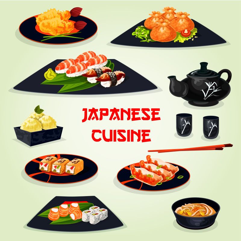 日本美食晚餐与甜点卡通图标