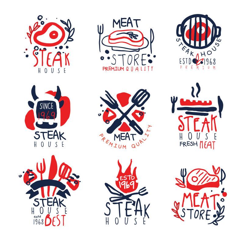 肉类店牛排屋优质标志模板集彩色手绘矢量插图