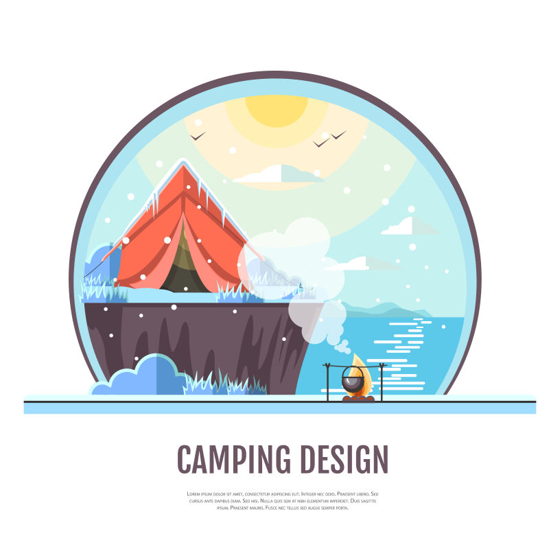 创意矢量冬季露营主题平面设计插图