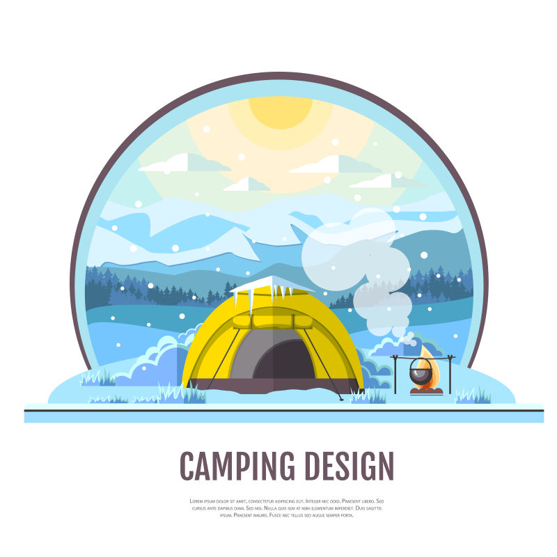 抽象矢量现代冬季露营主题插图设计