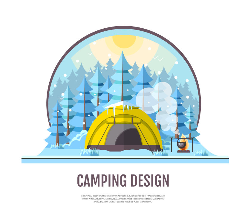矢量创意现代冬季露营主题平面插图设计