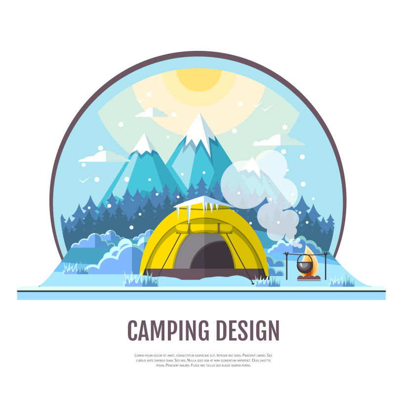 创意矢量现代冬季露营主题平面插图设计