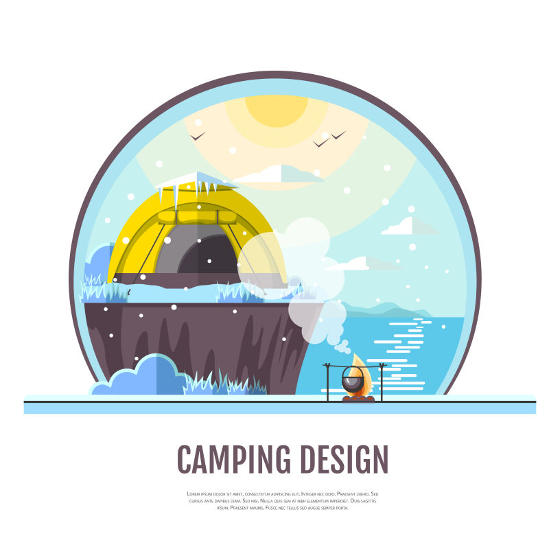 矢量冬季海滨露营主题插图设计