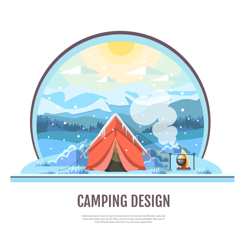 矢量现代冬季露营主题平面插图创意设计