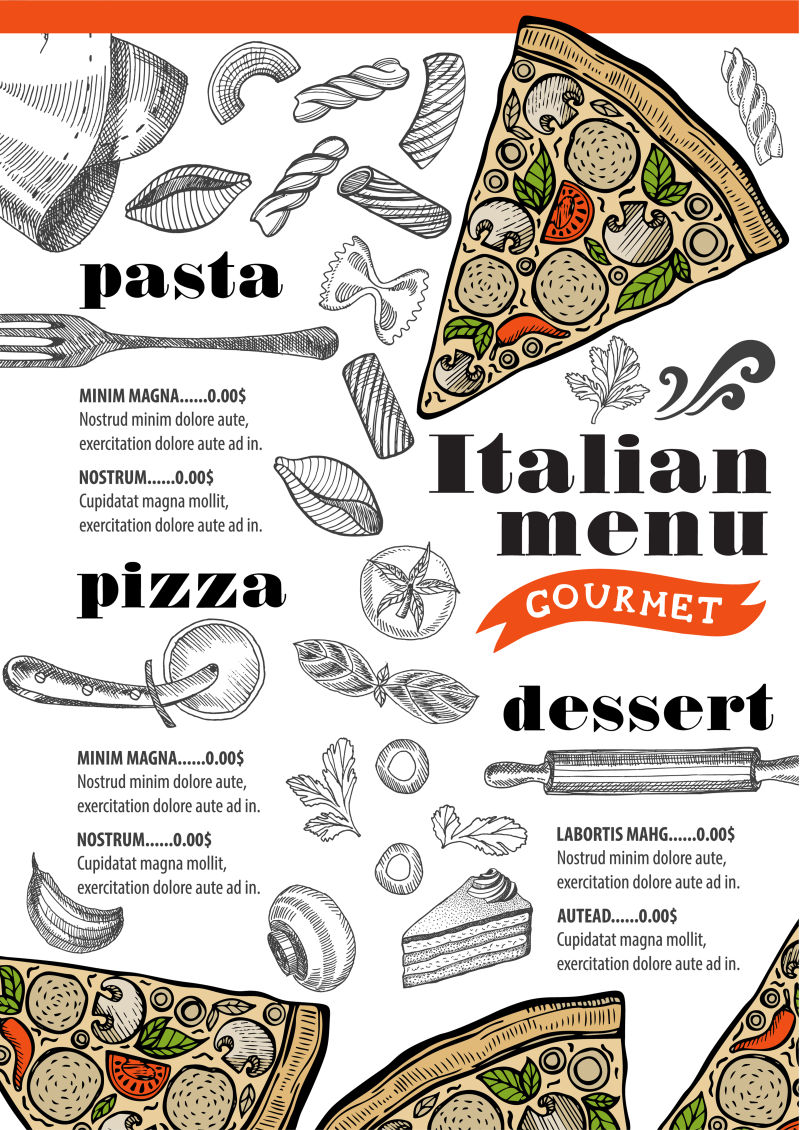 抽象矢量现代披萨元素的餐厅菜单设计