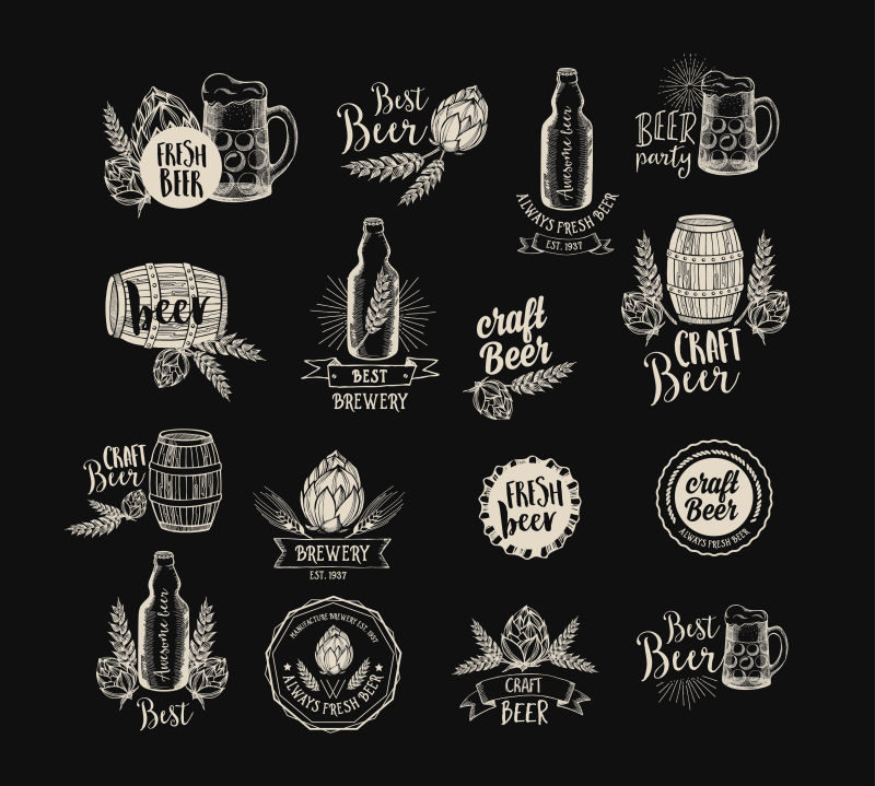 啤酒餐厅徽章矢量-酒精菜单设计-矢量饮料元素手绘啤酒传单和模板图形