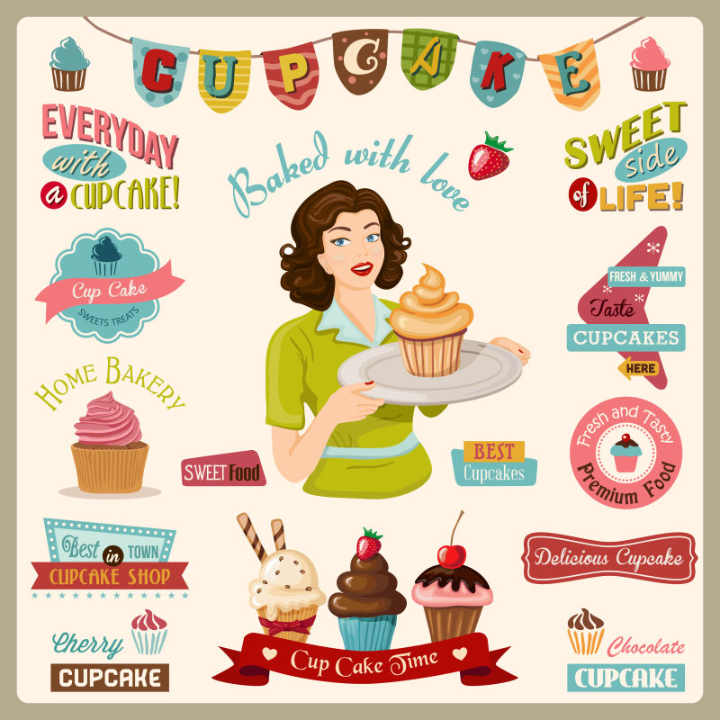 抽象矢量复古风格甜品主题海报设计