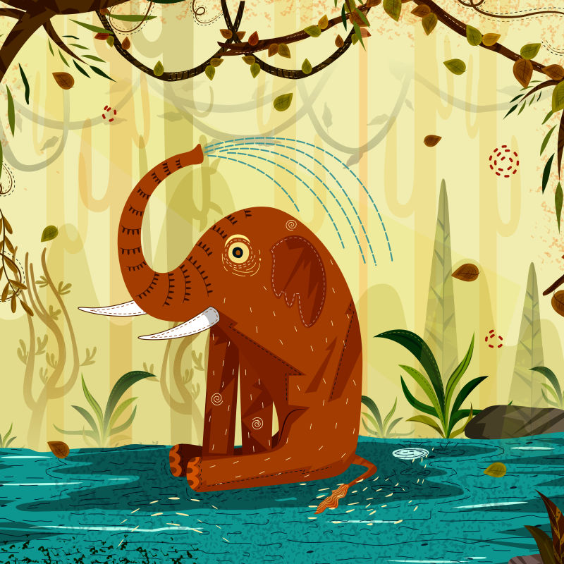 抽象矢量卡通洗澡的大象插图设计