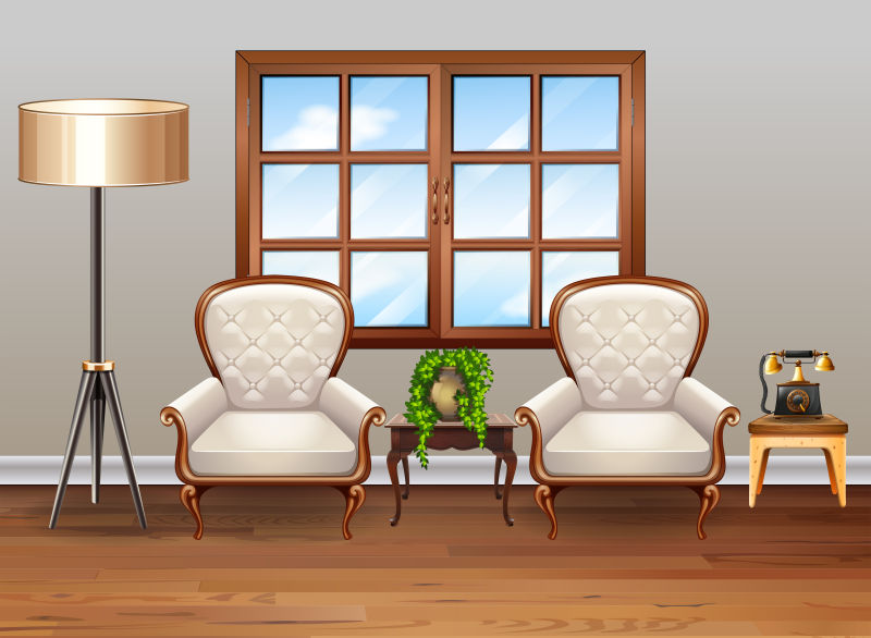 创意矢量有豪华扶手椅的客厅室内设计插图