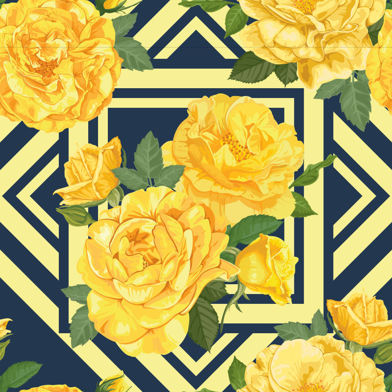 黄色玫瑰的无缝图案-蓝色几何背景上有花蕾和叶子-为您设计的花开向量集-婚礼请柬和贺卡的装饰品