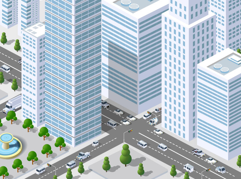 创意矢量现代等距的城市建筑插图设计