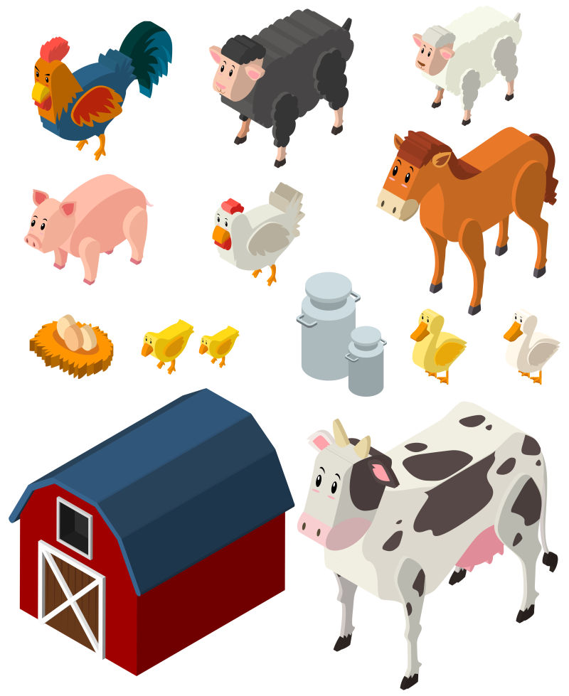 创意矢量现代农场动物等距插图