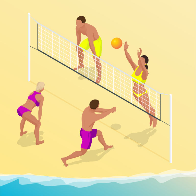 抽象矢量沙滩排球主题等距插图设计