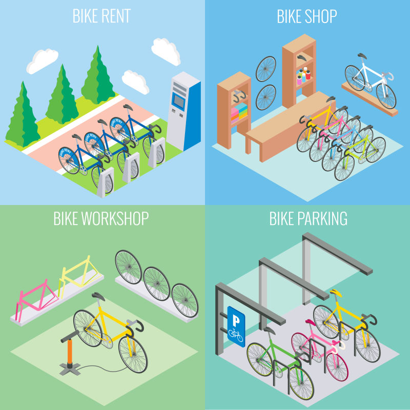 创意矢量城市自行车元素等距平面设计插图
