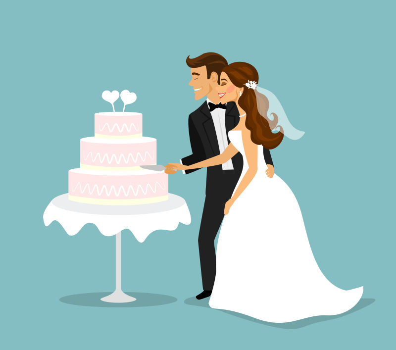 抽象矢量现代新婚切蛋糕的夫妇插图