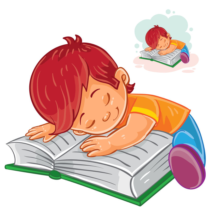 创意矢量现代在书上睡着的孩子插图