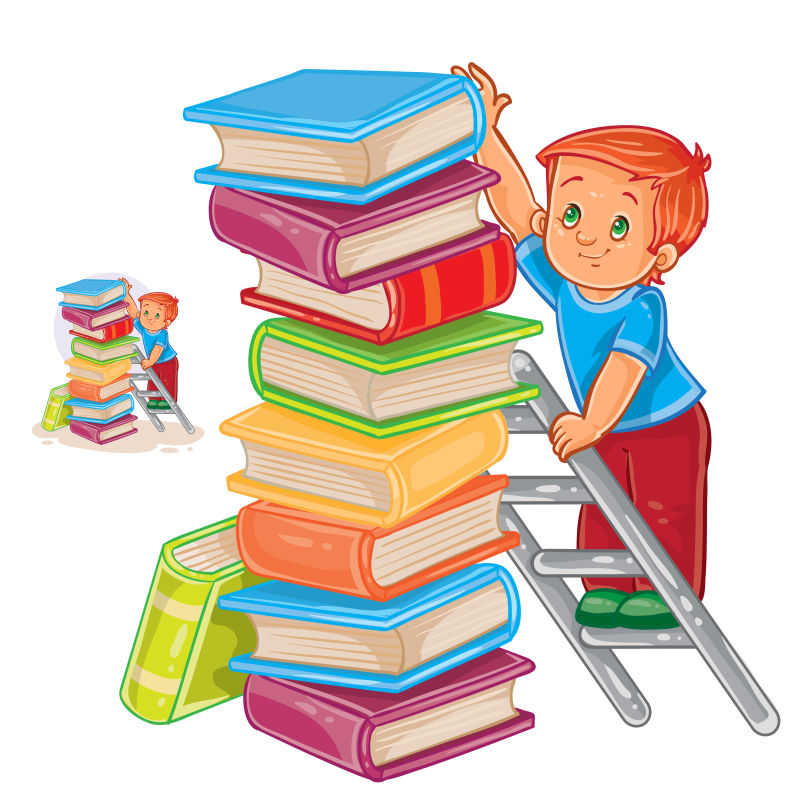创意矢量现代站在梯子上拿书的儿童插图设计