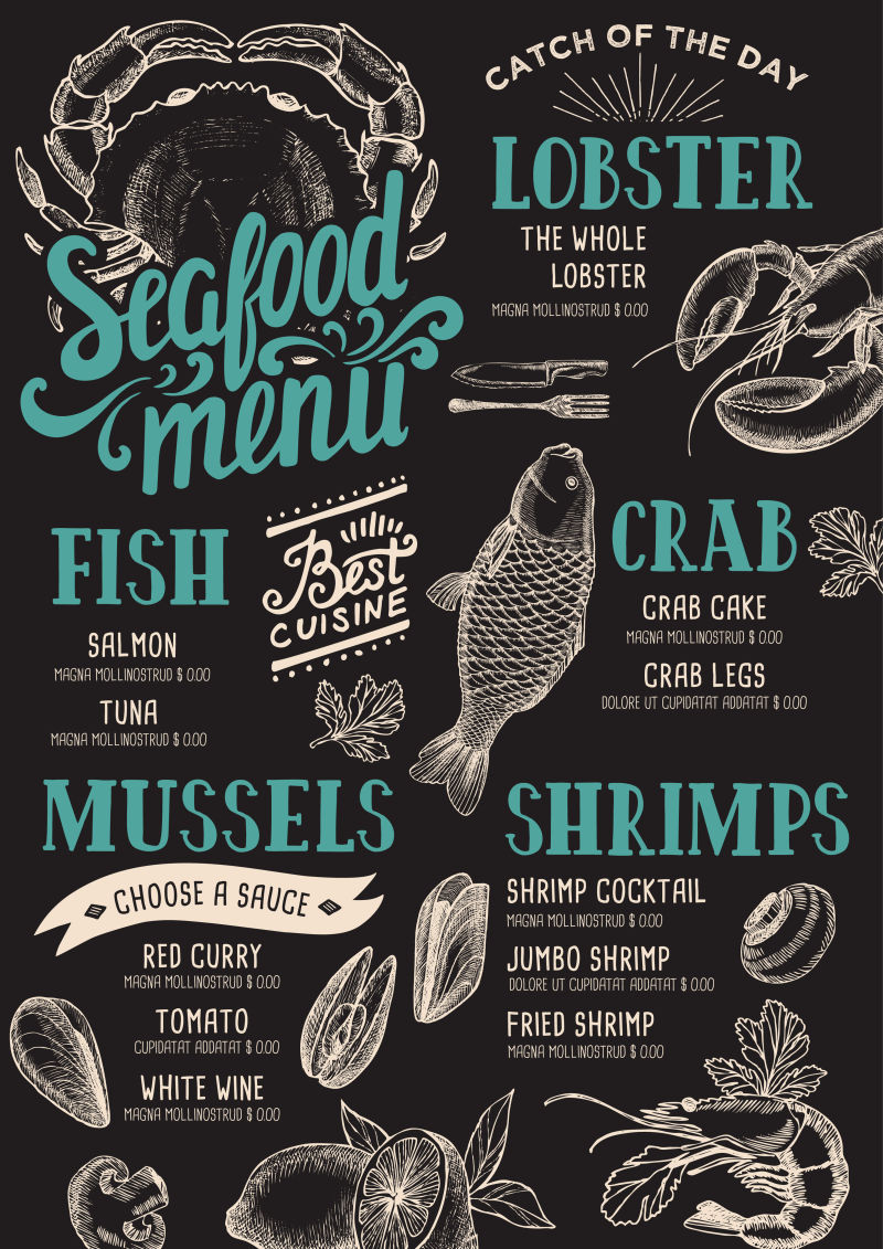 抽象矢量现代手绘海鲜餐厅菜单设计