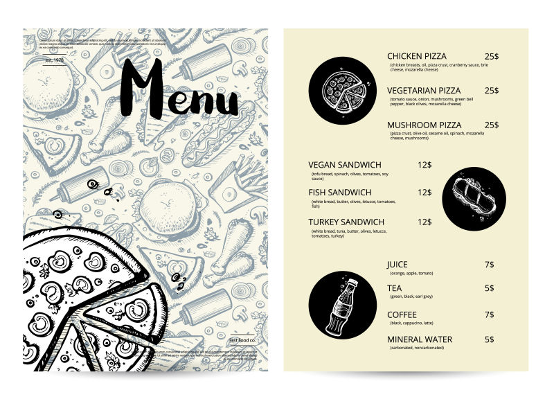 创意矢量现代手绘餐厅菜单平面设计