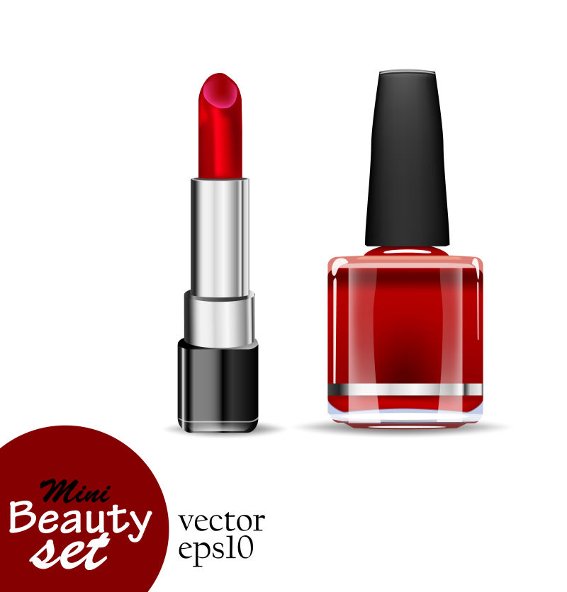 逼真的化妆品一管唇膏和一瓶指甲油是白色背景上的饱和红色矢量插图迷你美容集