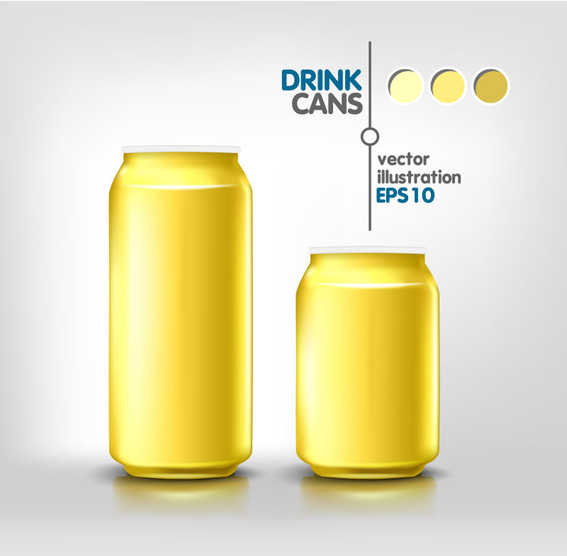 黄色金属铝饮料饮料罐500毫升和330毫升啤酒苏打水能源酒精产品包装模型模板设计矢量插图