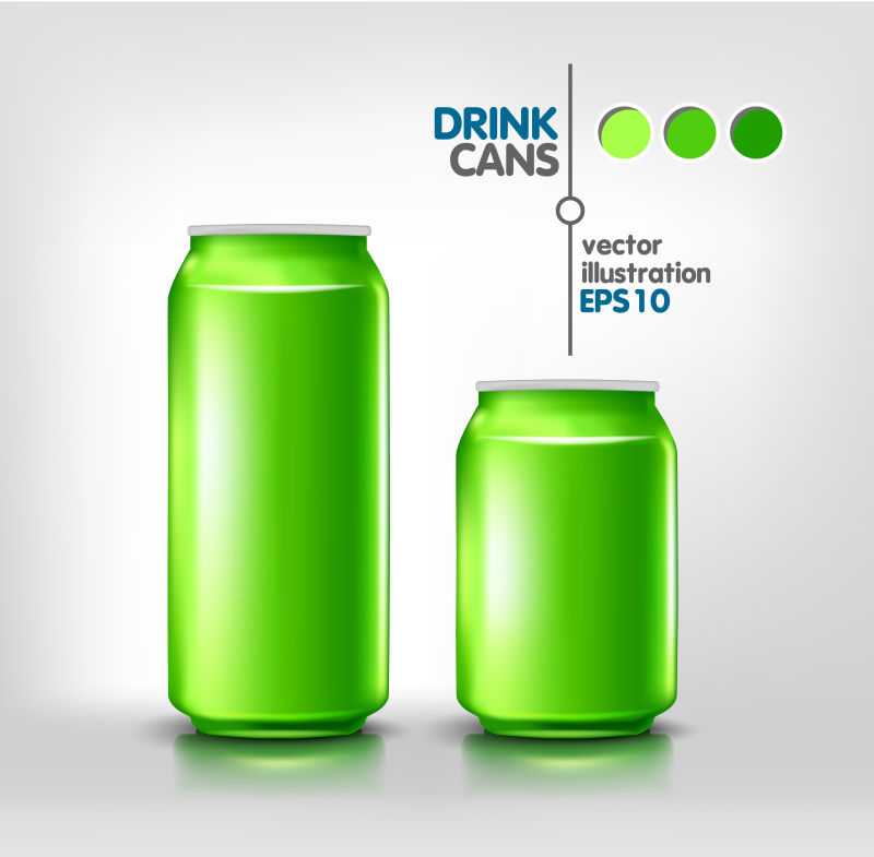绿色金属铝饮料饮料罐500毫升和330毫升啤酒苏打水能源酒精产品包装模型模板设计矢量插图
