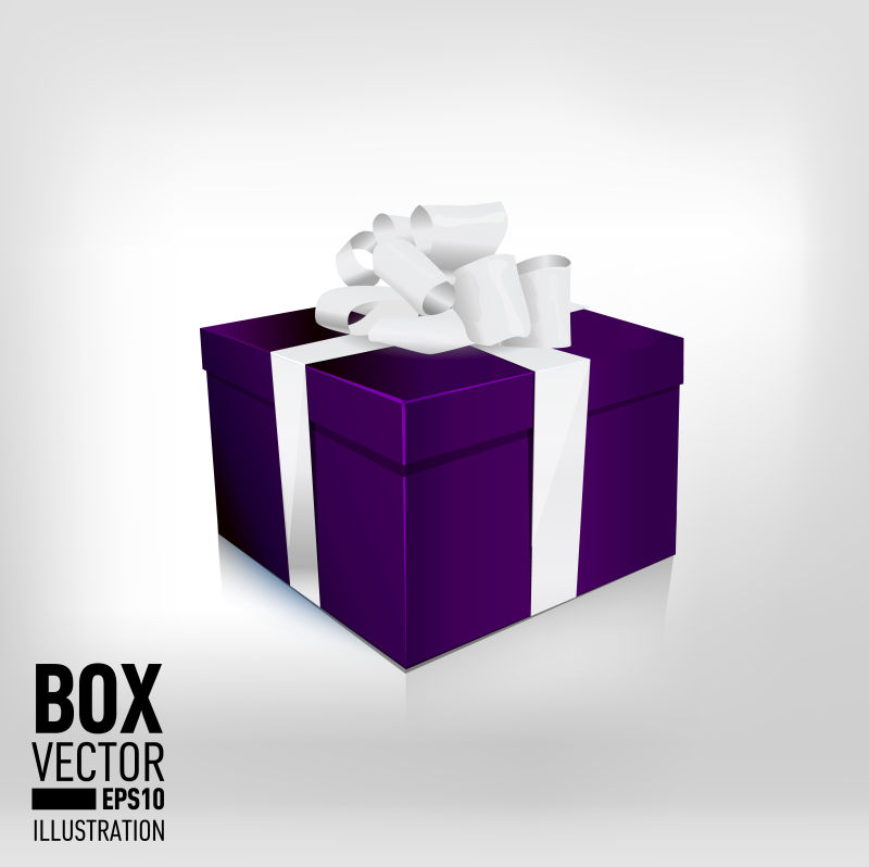 单一包装中紫色礼品盒与缎白色蝴蝶结和缎带隔离白色背景