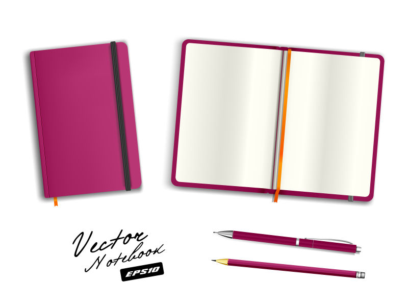 空白紫色打开和关闭的字帖模板带松紧带和书签写实文具空白钢笔和铅笔白色背景下的笔记本矢量插图