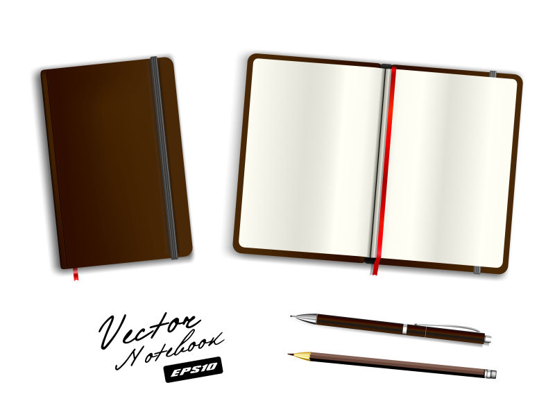 空白的棕色开封的书本模板带松紧带和书签写实文具空白笔棕色钢笔和铅笔白色背景下的笔记本矢量插图