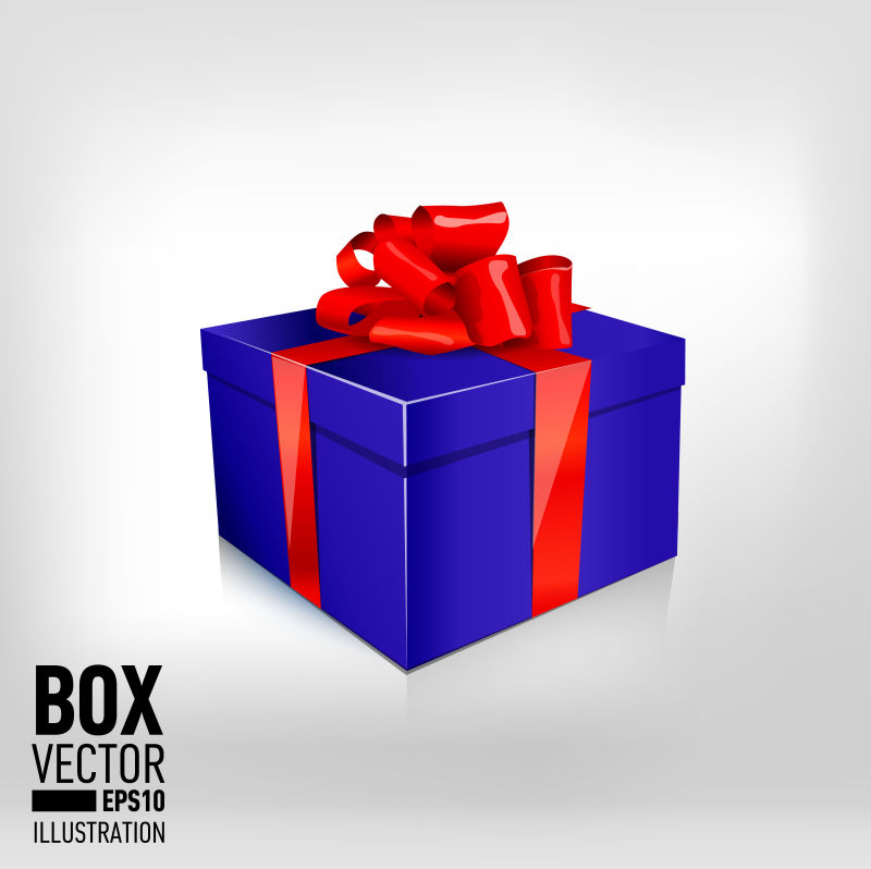 单包装中蓝色礼品盒白底缎红色蝴蝶结和缎带