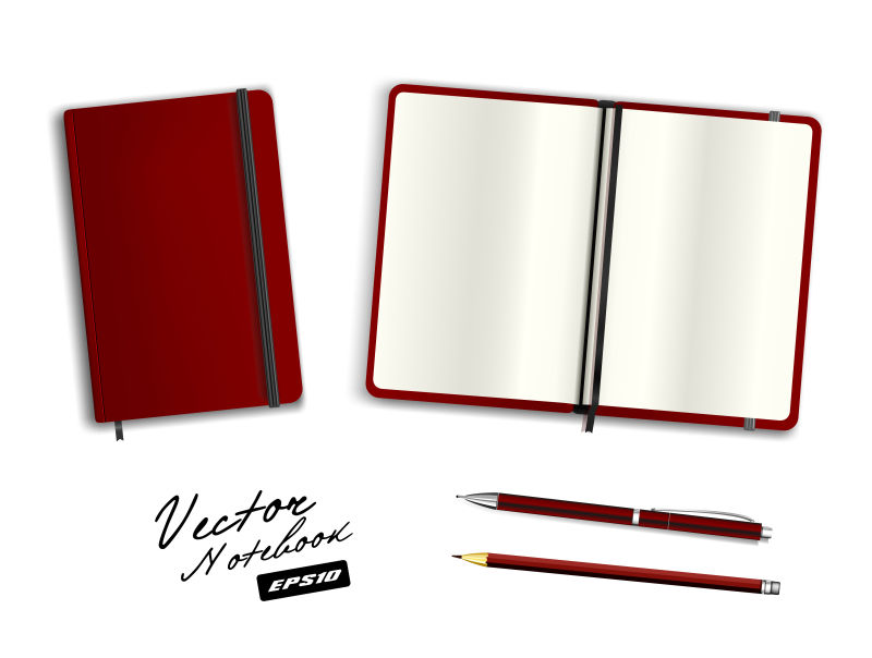 空白深红色开合式书本模板带松紧带和书签写实文具空白深红色钢笔和铅笔白色背景下的笔记本矢量插图