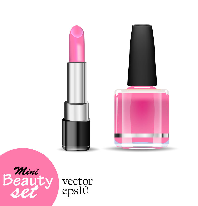 逼真的化妆品一管唇膏和一瓶指甲油在白色背景上是饱和粉色矢量插图迷你美容集