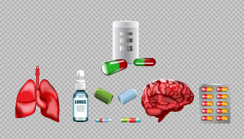 数字矢量红药肺部结构和脑信息图的呼吸保健模型和药丸容器与您的品牌广告或杂志设计白色和闪亮逼真的3D风格