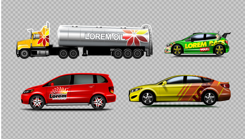 数字矢量黄红色和绿色轿车运动车模型厢式货车和油罐车你的品牌孤立的透明逼真的3D反射
